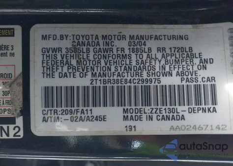 2004 Toyota Corolla Le z USA, uszkodzony, nr VIN 2T1BR38E84C299975